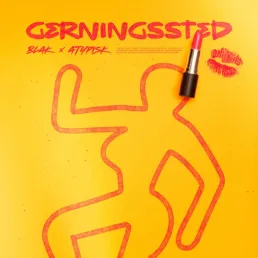 Albumcover design til Blak og ATYPISK – Gerningssted med grafisk silhuet og rød læbestift på gul baggrund, skabt af Comugraph.