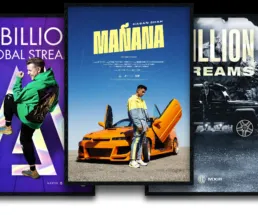 Tre musikplakater designet af Comugraph for Gilli, Martin Jensen og Hasan Shah med individuelle grafiske stilarter, farver og stemninger.