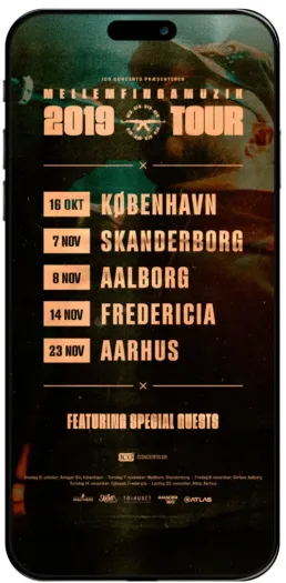 Tour plakat for MellemFingaMuzik med datoer og byer for 2019-turn&eacute;en, designet af Comugraph i et m&oslash;rkt, stemningsfuldt look til brug som Instagram reel.