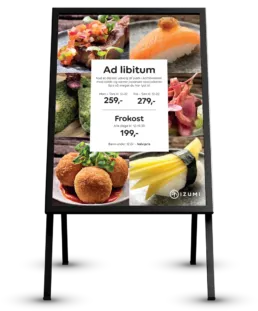 Izumi ad libitum plakat med billeder af sushi, varme japanske retter og tilbudspriser for b&aring;de aftensmad og frokost.