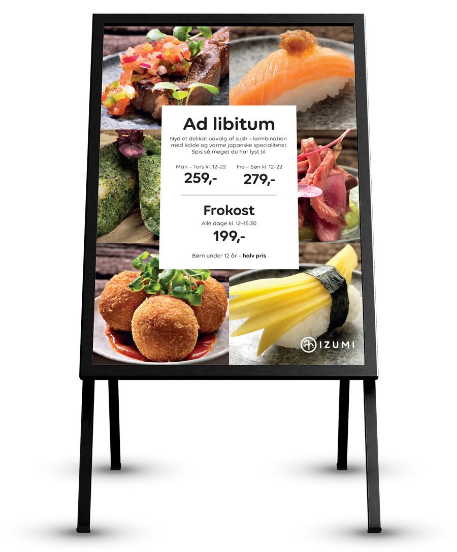 Izumi ad libitum plakat med billeder af sushi, varme japanske retter og tilbudspriser for b&aring;de aftensmad og frokost.