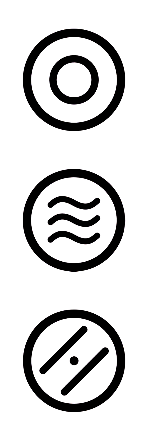 Tre runde sorte ikoner for Izumi, der symboliserer balance, vand og pr&aelig;cision i et minimalistisk japansk-inspireret formsprog.