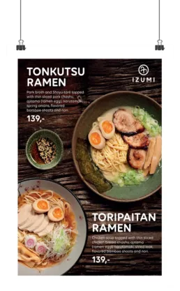Plakat med to ramenretter fra Izumi &ndash; Tonkutsu Ramen og Toripaitan Ramen &ndash; vist med ingredienser og priser.