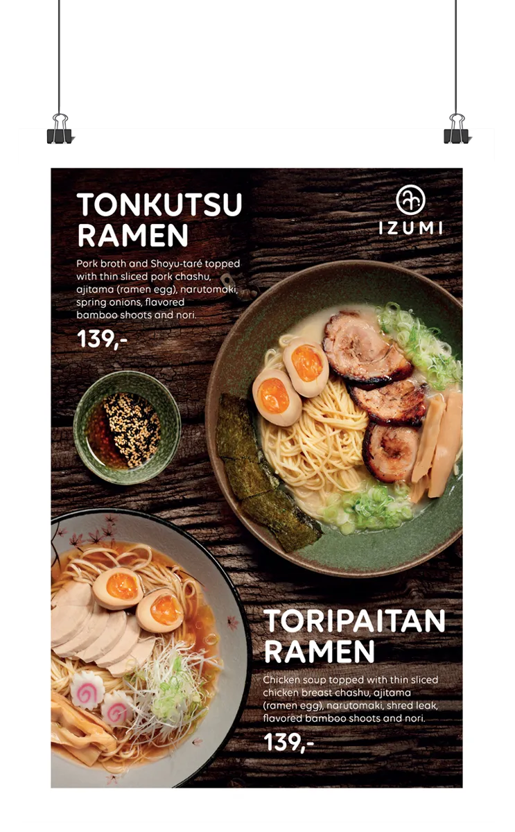 Plakat med to ramenretter fra Izumi &ndash; Tonkutsu Ramen og Toripaitan Ramen &ndash; vist med ingredienser og priser.