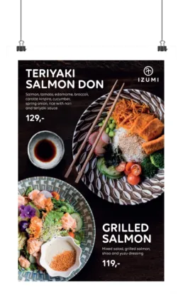 Plakatdesign for Izumi med fokus p&aring; Teriyaki Salmon Don og Grilled Salmon.