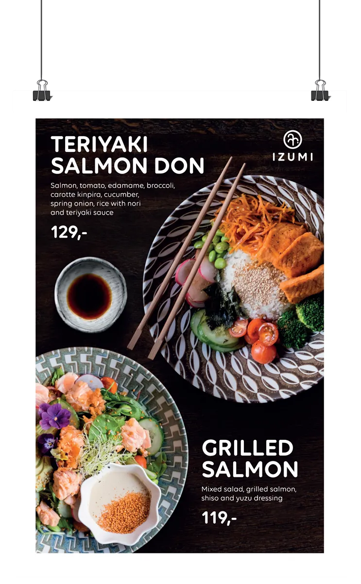 Plakatdesign for Izumi med fokus p&aring; Teriyaki Salmon Don og Grilled Salmon.