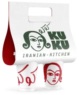 Hvid cupholder med to kaffekopper fra KUKU Iranian Kitchen med logo i gr&oslash;n og r&oslash;d.