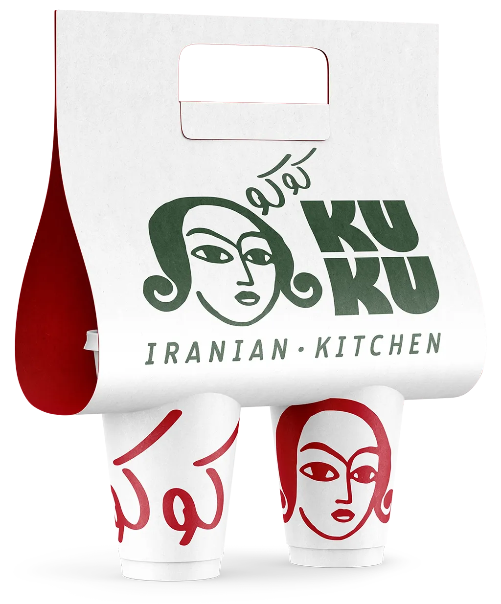 Hvid cupholder med to kaffekopper fra KUKU Iranian Kitchen med logo i gr&oslash;n og r&oslash;d.