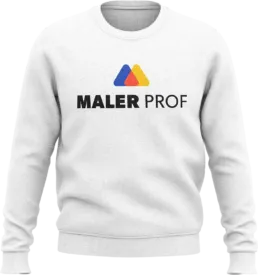 Hvid sweatshirt med Maler Prof logo p&aring; brystet