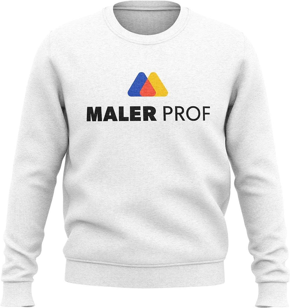Hvid sweatshirt med Maler Prof logo p&aring; brystet
