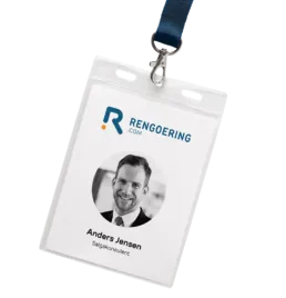 Rengoering.com ID-kort med virksomhedens logo og navn. Designet fremstår professionelt med blå og orange detaljer, der understreger tillid og kvalitet i virksomhedens identitet.