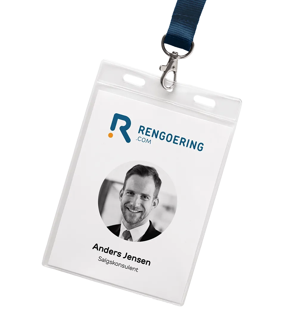 Rengoering.com ID-kort med virksomhedens logo og navn. Designet fremst&aring;r professionelt med bl&aring; og orange detaljer, der understreger tillid og kvalitet i virksomhedens identitet.
