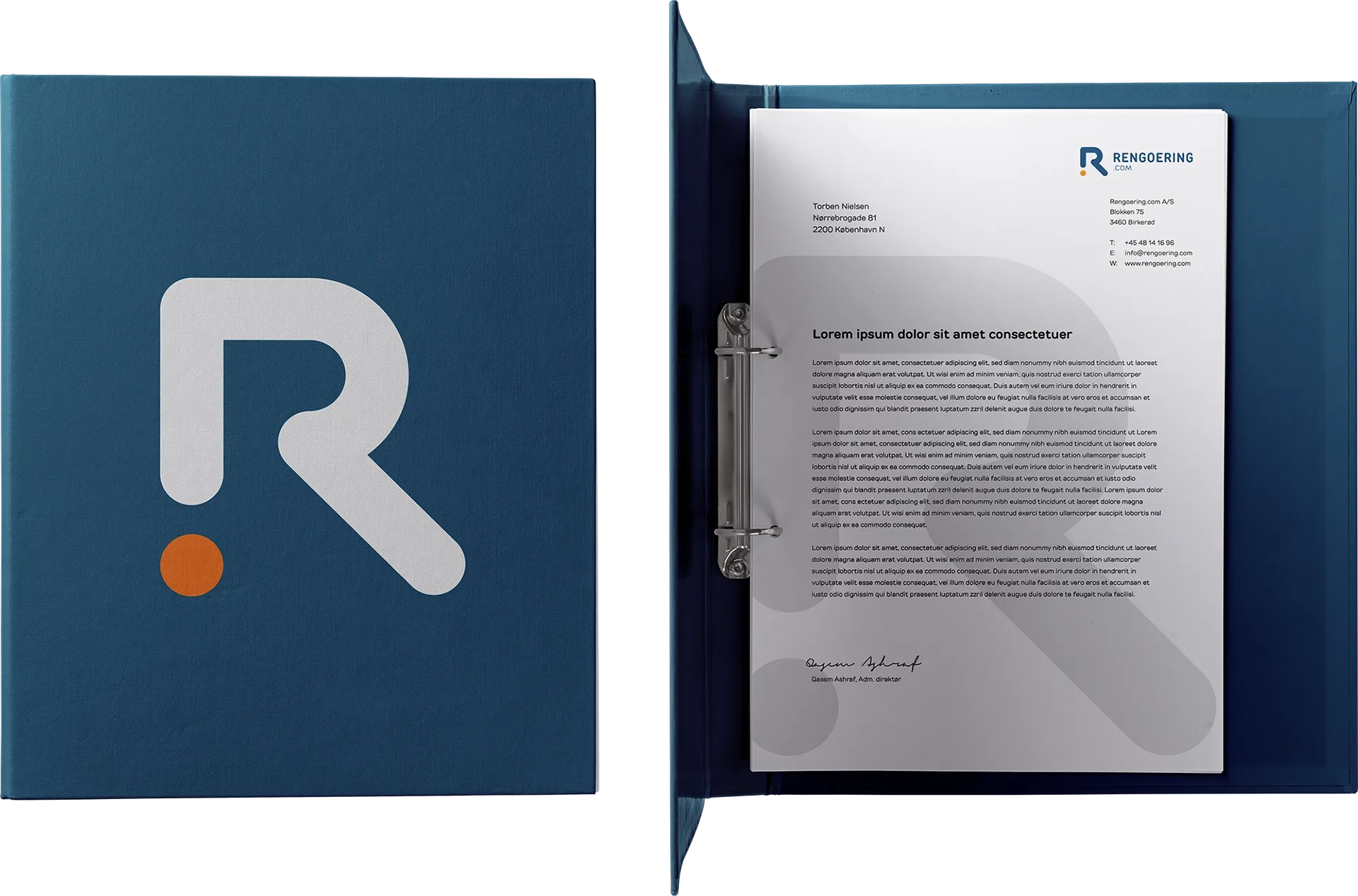 Rengoering.com pr&aelig;sentationsmappe og brevpapir med det karakteristiske R-logo i bl&aring; og orange nuancer. Designet afspejler virksomhedens fokus p&aring; kvalitet, struktur og professionalisme.