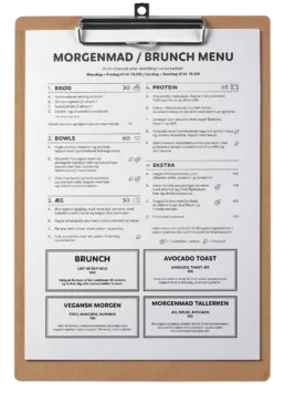 Social Brew brunchmenu på clipboard med håndlavet layout og tydelig typografi designet af Comugraph.