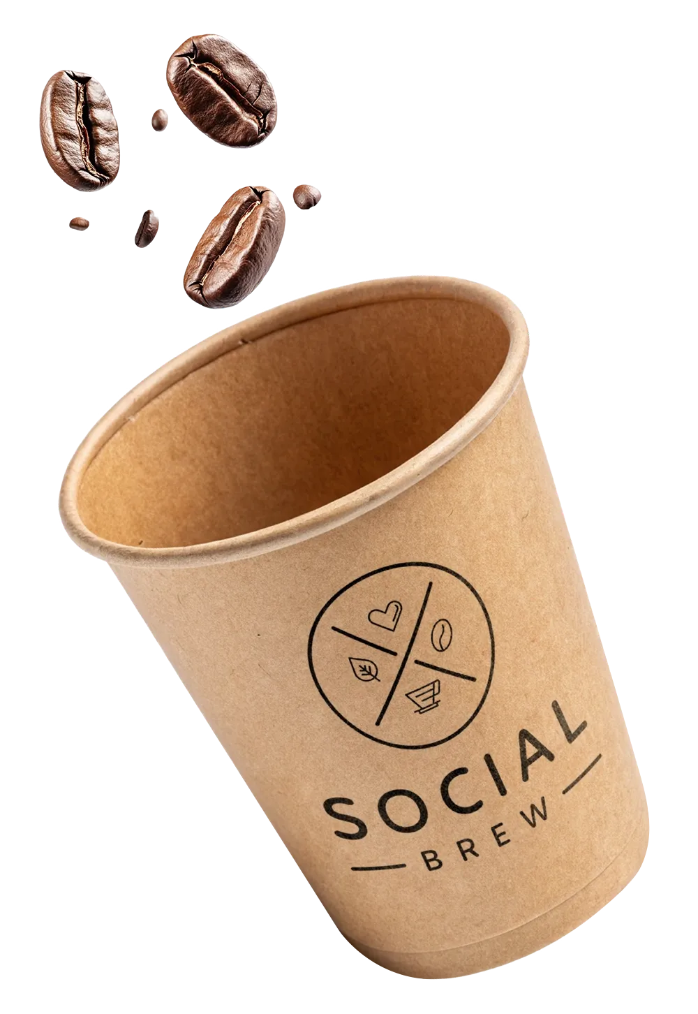 Social Brew kaffekop med logo i brun pap og flyvende kaffebønner – designet af Comugraph som del af caféens brandidentitet.