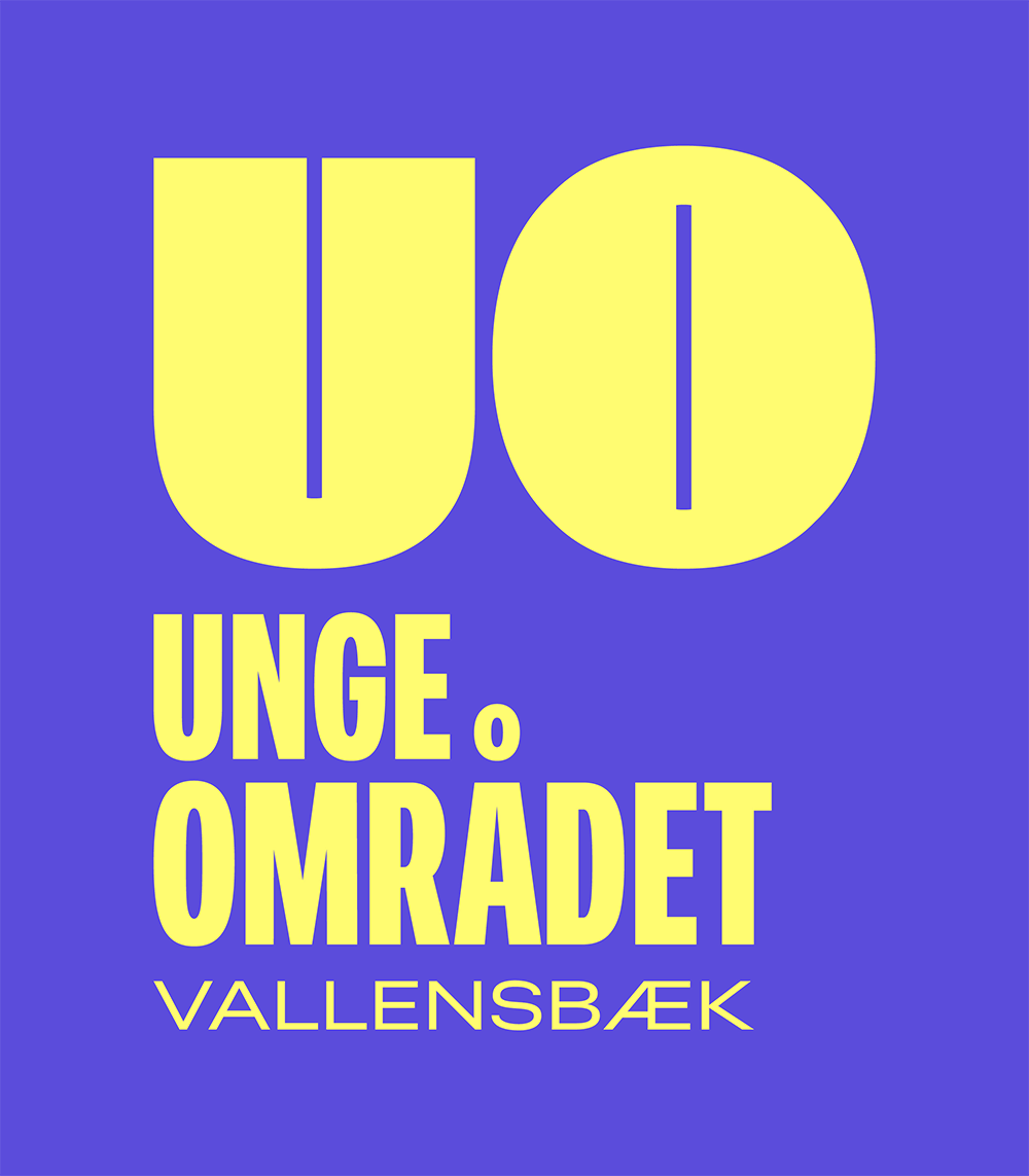 Vertikal logo for Ungeomr&aring;det Vallensb&aelig;k i gule og lilla farver &ndash; designet af Comugraph som del af brandidentiteten for Vallensb&aelig;ks ungdomsomr&aring;de.