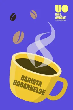 Ungeområdet barista uddannelse plakat med gul kaffekop og kaffebønner – designet af Comugraph for Vallensbæk Kommune som del af ungdomsbrandet.
