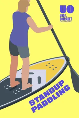Ungeområdet standup paddling plakat i gul og lilla – illustration af ung på paddleboard, designet af Comugraph for Vallensbæk Kommune.