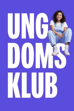 Ungeområdet ungdomsklub plakat i lilla og hvid med smilende ung person – designet af Comugraph for Vallensbæk Kommune.