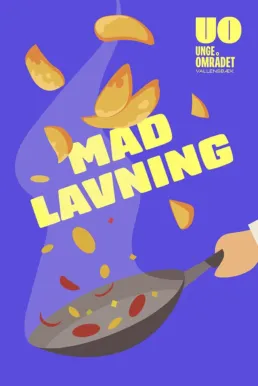 Ungeområdet madlavning plakat med illustration af stegepande og ingredienser i bevægelse – lilla baggrund og gul tekst, designet af Comugraph for Vallensbæk Kommune.